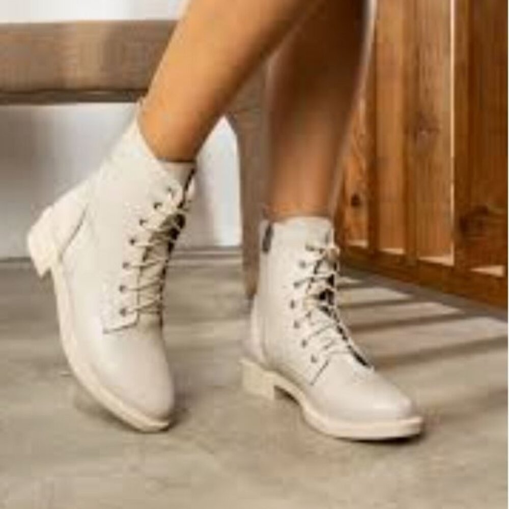 New Women's Fashionable Ivory White Leather Low Heel Flat Ankle Boots Booties